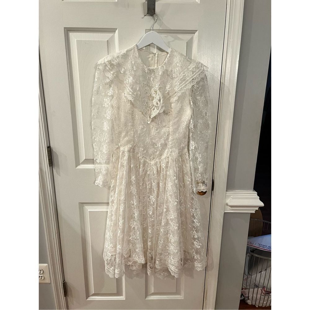Vintage Jessica McClintock White Lace High Neck Modest Girls Dress sz 10 EUC